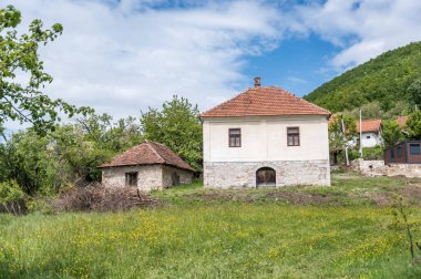 Ovcar ve Kablar dağları Sırbistan 'ın yeni Batı Morava nehri, doğal park, kayalar, ağaçlar ve çimen alanları manzarası. Korunan Sırp doğal parkı.