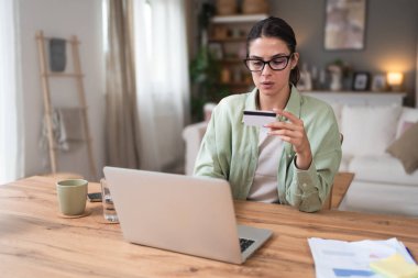 Genç iş kadını ev ekonomisi ya da internet alışverişini kredi kartı ve dizüstü bilgisayarla yapmak için ev işlerinde çalışmaya ara veriyor. Kendine güvenen bir kadın internetten sipariş veriyor..