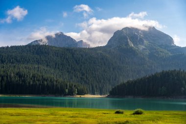 Karadağ 'ın Zabljak kentindeki Ulusal Park Durmitor kentinde turkuaz su ve ağaçlarla güzel Kara Göl (Crno jezero) manzarası. Manzaralı doğa manzarası