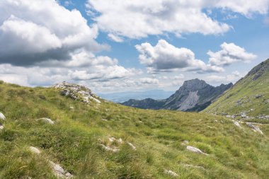 Durmitor Ulusal Parkı 'nda muhteşem bir yaz günü. Zabljak köyü, Karadağ, Balkanlar, Avrupa. Popüler seyahat merkezinin manzaralı görüntüsü. Toprağın güzelliğini keşfedin. Doğa yürüyüşü hedefi