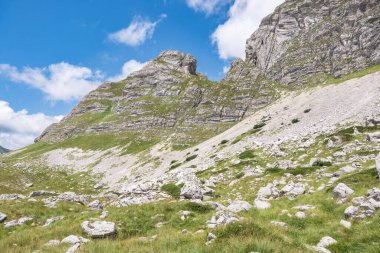 Durmitor Ulusal Parkı 'nda muhteşem bir yaz günü. Zabljak köyü, Karadağ, Balkanlar, Avrupa. Popüler seyahat merkezinin manzaralı görüntüsü. Toprağın güzelliğini keşfedin. Doğa yürüyüşü hedefi