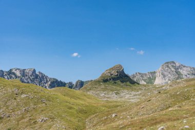 Durmitor Ulusal Parkı 'nda muhteşem bir yaz günü. Zabljak köyü, Karadağ, Balkanlar, Avrupa. Popüler seyahat merkezinin manzaralı görüntüsü. Toprağın güzelliğini keşfedin. Doğa yürüyüşü hedefi