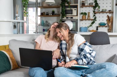 İki kadın ev arkadaşı, küçük şirket sahipleri, evde dizüstü bilgisayarla çalışıyorlar. İnternet takım çalışması, şirket geliştiricileri, tasarımcılar ve çevrimiçi dijital pazarlama uzmanları.