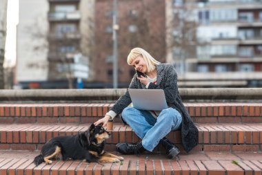 Genç yetişkin bir kadın ya da kız, üniversite öğrencisi, değişim öğrencisi, serbest çalışan ya da evcil ya da kurtarılmış köpeğiyle dışarıda laptopta çalışan bir göçmen. İş dünyası dışarıda, özgürlük kavramı