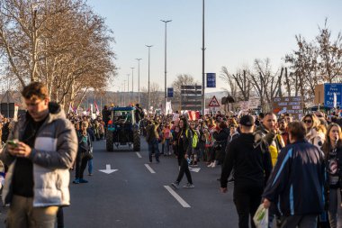 01 numara. Şubat 2025. Novi Sad, Sırbistan. Novi Sad 'da yolsuzluk ve halkın rejimden memnun olmaması nedeniyle düzenlenen öğrenci ve sivil protestolar. Düzenleyici resim