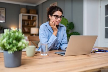 Genç serbest çalışan bir iş kadını dizüstü bilgisayarında video konferansına katılıyor ve evde çalışıyor, projesinde potansiyel yatırımcıyla web kamerasında konuşuyor. Maliye ve ekonomi kavramı.