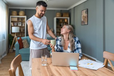 Genç çift evlerinde uzaktan çalışıyor, belge ve verileri analiz ediyor, rahat modern oturma odasında dizüstü bilgisayar kullanıyor, mali raporları ve iş stratejisini tartışıyor. Birkaç hedef, basit yaşam desteği..