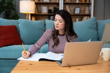 Konforlu oturma odasından bilgisayarla veri tablolarını kağıt üzerinde analiz ederek uzaktan çalışan odaklanmış bir kadın. Serbest çalışan iş kadını ekonomisi profesyonel meslek uzmanlığı girişim sahibi ev sahibi