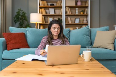 Genç kadın serbest çalışan küçük bir şirket sahibi dizüstü bilgisayarında verilerle vergi iadesi hesaplıyor. İç işlerinde çalışmak, profesyonel meslekte kadın modern teknoloji kullanıcısı..