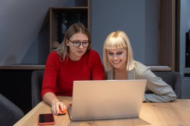 Şarap imalathanesinde pazarlama stratejisi üzerinde çalışan iki profesyonel iş kadını, laptopa odaklanmış, pozitif enerji, markalaşma fikirleri ve üzüm bağı görselleri ile çevrili..
