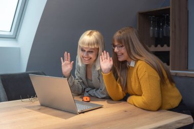 Şarap imalathanesinde pazarlama stratejisi üzerinde çalışan iki profesyonel iş kadını, laptopa odaklanmış, pozitif enerji, markalaşma fikirleri ve üzüm bağı görselleri ile çevrili..