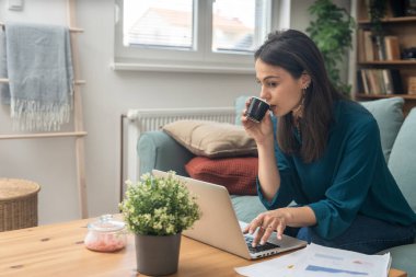 Genç üniversite öğrencisi, serbest çalışan iş kadını, evde dizüstü bilgisayarla çalışan, yeni yenilikçi teknolojiyi ve internet araçlarını test eden,.
