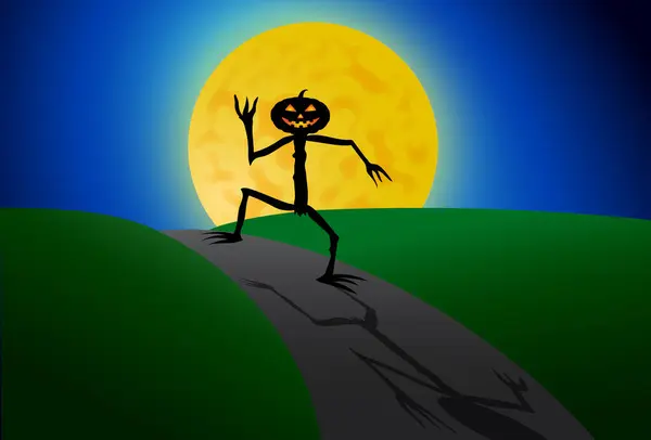 Halloween Homem Abóbora Andando Luar — Fotografia de Stock