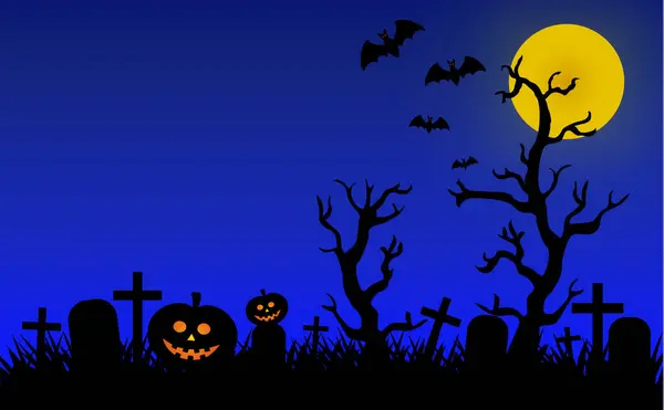 Хэллоуин Кладбище Ведьмами Летучими Мышами Тыквами Надгробиями — стоковое фото
