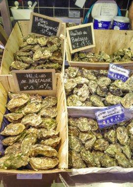 Las Halles pazarında taze balık ve deniz ürünleri satılıyor, Biarritz, Fransa