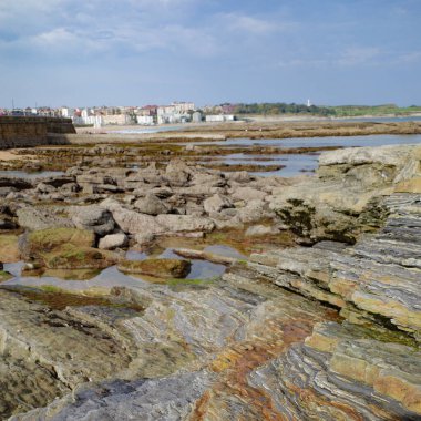 Santander, İspanya - 31 Ekim 2022: Magdalena Yarımadası ve Playa del Camello, Santander, Cantabria kıyılarında kaya oluşumları