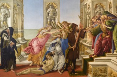 Floransa, İtalya - 20 Kasım 2022: Botticelli 'nin Apelles iftirasının ayrıntıları, Uffizi Galerisi