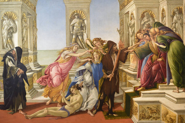 Florence, Italy - 20 Nov, 2022: Details of Botticelli's Calumny of Apelles, in the Uffizi Gallery