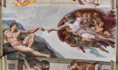 Roma, İtalya - 27 Kasım 2022: Tanrı 'nın Eli' nin Adem 'e hayat vermesinin simgesel görüntüsü. Sistine Şapeli, Vatikan Müzesi