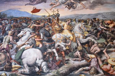 Roma, İtalya - 26 Kasım 2022: 1517-1524 yılları arasında Giulio Romano asistanı Raphael tarafından yapılan Milvian Köprüsü Muharebesi 'nin detayları. Vatikan Müzeleri