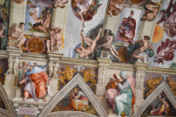 Rome, Italy - 27 Nov 2022: The iconic image of the Hand of God giving life to Adam. Sistine Chapel, Vatican Museum