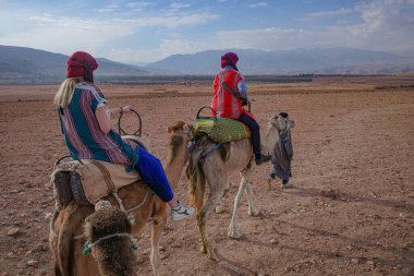 Marakeş, Fas - 22 Şubat 2023: Turistler Agafay Çölü 'nde Dromedary develerine biniyor.