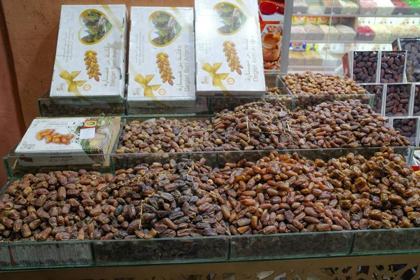 Marrakech Marruecos Feb 2023 Fechas Frutas Secas Venta Puesto Mercado — Foto de Stock