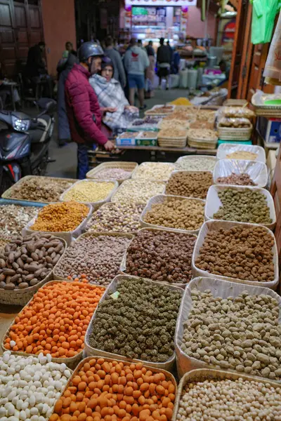 Marrakech Marrocos Fev 2023 Frutas Secas Nozes Venda Uma Banca — Fotografia de Stock