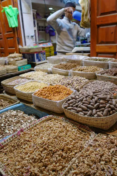 Marrakech Marrocos Fev 2023 Frutas Secas Nozes Venda Uma Banca — Fotografia de Stock