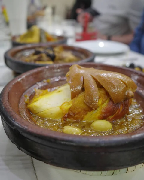 Marrakech Morocco Feb 2023 Traditional Moroccan Tagine Dishes Lamb Meat — Stock Photo, Image
