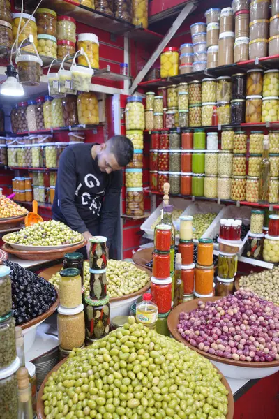 Marrakech Maroc Feb 2023 Olives Produits Oléicoles Vente Dans Médina — Photo