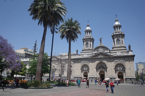 Santiago, Chile - 26 Nov, 2023: Santiago Metropolitan Cathedral and Plaza de Armas