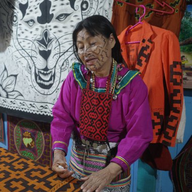 Lima, Peru - 3 Aralık 2023: Amazon Shipibo Konibo topluluğundan Amazon sanatçısı Wilma Maynas, Peru 'daki evinde