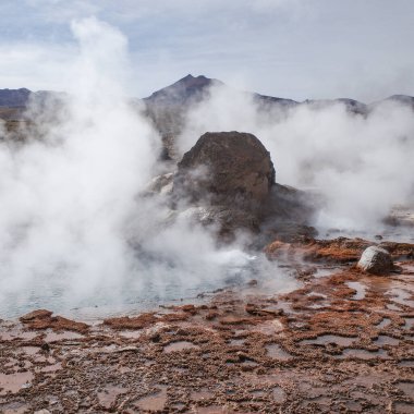 San Pedro de Atacama, Şili - 2 Aralık 2023 Atakama Çölü 'ndeki volkanik El Tatio Gayzerleri' nde sabahın erken saatlerinde