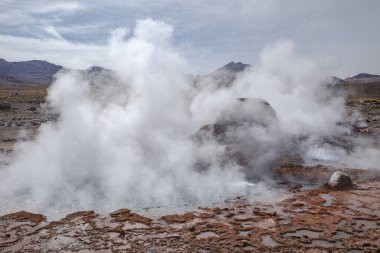 San Pedro de Atacama, Şili - 2 Aralık 2023 Atakama Çölü 'ndeki volkanik El Tatio Gayzerleri' nde sabahın erken saatlerinde