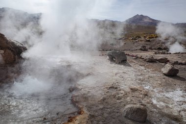 San Pedro de Atacama, Şili - 2 Aralık 2023 Atakama Çölü 'ndeki volkanik El Tatio Gayzerleri' nde sabahın erken saatlerinde