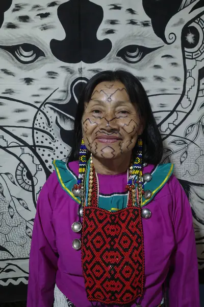 stock image Lima, Peru - Dec 3, 2023: Amazonian artist Wilma Maynas from the Amazonian Shipibo Konibo community, at her home in Lima, Peru