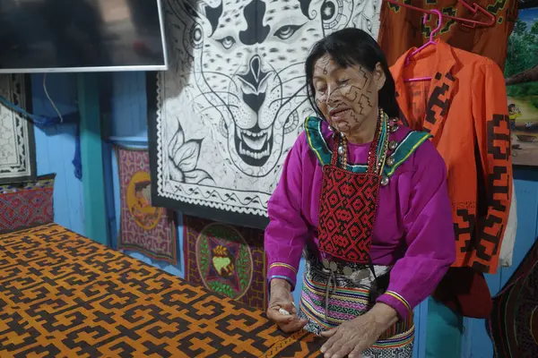 Lima, Peru - 3 Aralık 2023: Amazon Shipibo Konibo topluluğundan Amazon sanatçısı Wilma Maynas, Peru 'daki evinde