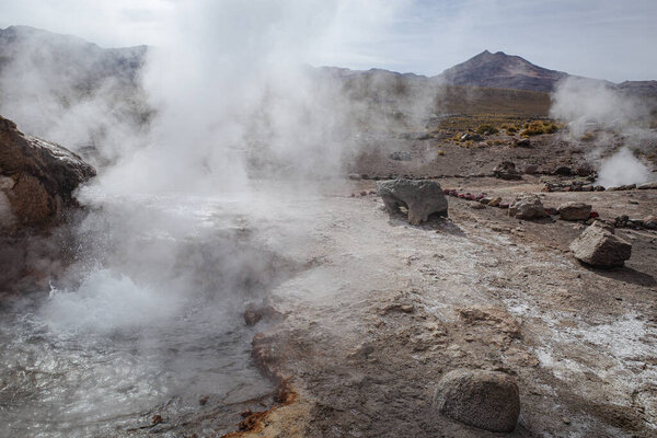 San Pedro de Atacama, Chile - Dec 2, 2023: Early morning at the volcanic El Tatio Geysers in the Atacama Desert