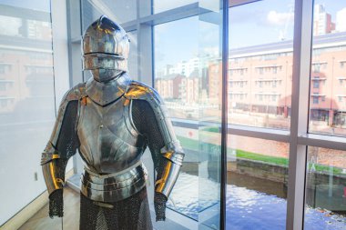 Leeds, UK - 24 Feb, 2024: Medieval weaponry and battle armour on display at the Royal Armories Museum clipart