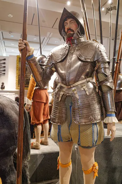 stock image Leeds, UK - 24 Feb, 2024: Medieval weaponry and battle armour on display at the Royal Armories Museum