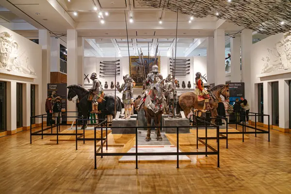 stock image Leeds, UK - 24 Feb, 2024: Medieval weaponry and battle armour on display at the Royal Armories Museum