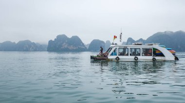 Halong Körfezi, Vietnam - 30 Ocak 2024: Ha Long Körfezi, Güney Çin Denizi 'nden geçen bir turist gemisi