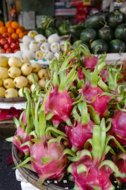 Hoi An, Vietnam - 5 Şubat 2024: Ejder Meyvesi (Pitahaya) Hoi An Merkez Pazarı, Vietnam