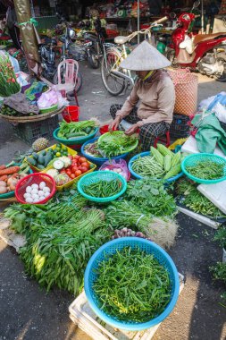 Hoi An, Vietnam - 5 Şubat 2024: Geleneksel Asya konik şapkaları giyen meyve ve sebze satıcıları, Hoi An pazarı, Vietnam
