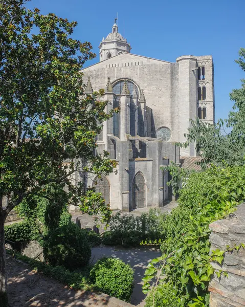 stock image Girona, Spain - 18 July, 2024: Girona Cathedral from the gardens of Caserna dels Alemanys and the city walls