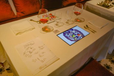 Roses, Spain - 20 July, 2024: Dining room at the El Bulli 1846 restaurant museum, Cala Montjoi, Costa Brava clipart