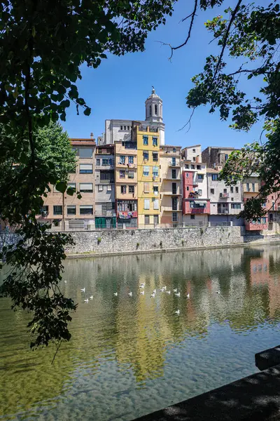Girona, İspanya - 23 Temmuz 2024: Onyar Nehri 'ndeki renkli evler, Girona, Katalonya