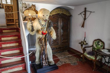 Port Lligat, İspanya - 7 Eylül 2024: Sürrealist sanatçı Salvador Dali 'nin evinde doldurulmuş kutup ayısı sergileniyor