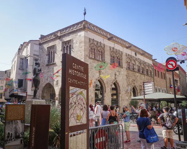 stock image Perpignan, France - 27 Aug, 2024: Crowds in the Place Leon Gambetta and historic center of Perpignan